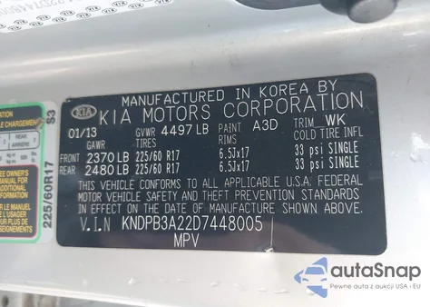 2013 Kia Sportage Lx z USA, uszkodzony, nr VIN KNDPB3A22D7448005